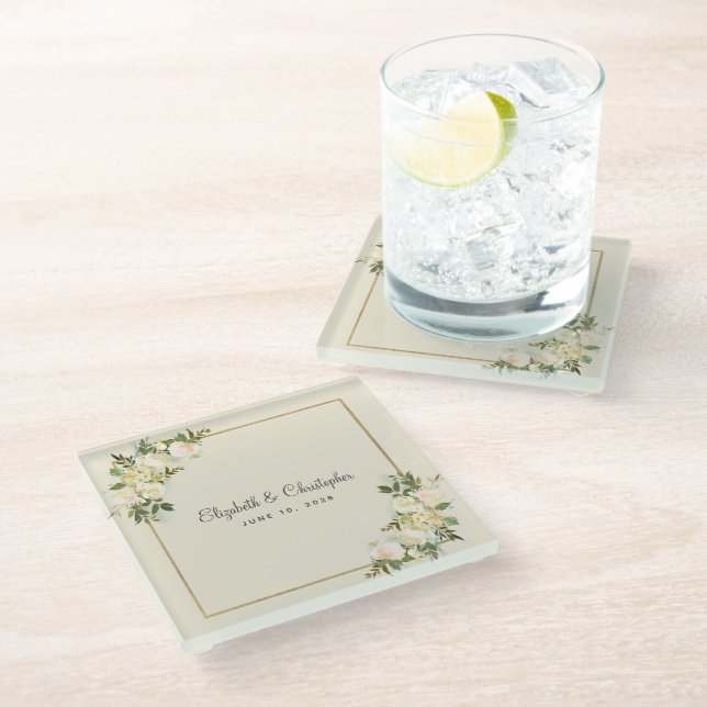 Personalised Wedding | White Rose Floral Eggshell Glass Coaster (Angled)