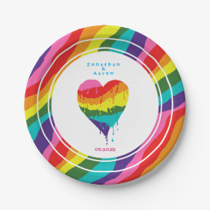 Personalised Weddings LGBT Rainbow Heart Paper Plate
