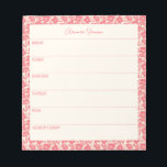Personalised Weekly Planner Vintage Red Floral Notepad<br><div class="desc">A stylish personalised weekly planner notepad with a vintage red floral border.</div>
