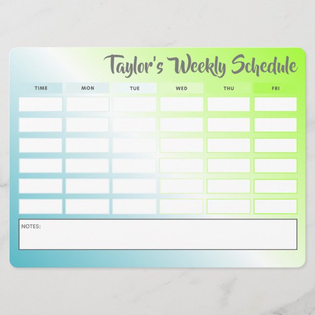Personalised Weekly Schedule School Timetable (Front)