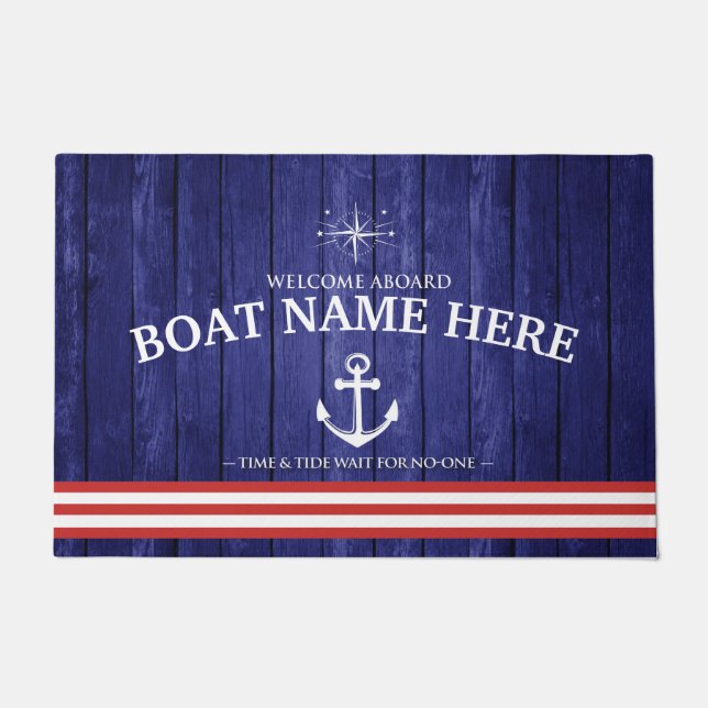 Personalised Welcome aboard Blue Boat door mat  (Front)