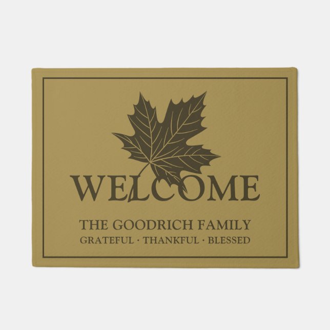 Personalised Welcome with Maple Leaf. Brown Doormat (Front)