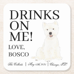 Personalised Westie West Highland Terrier Wedding Square Paper Coaster