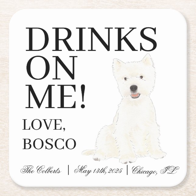 Personalised Westie West Highland Terrier Wedding Square Paper Coaster (Front)