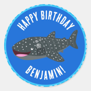 Personalised whale shark happy birthday cartoon classic round sticker