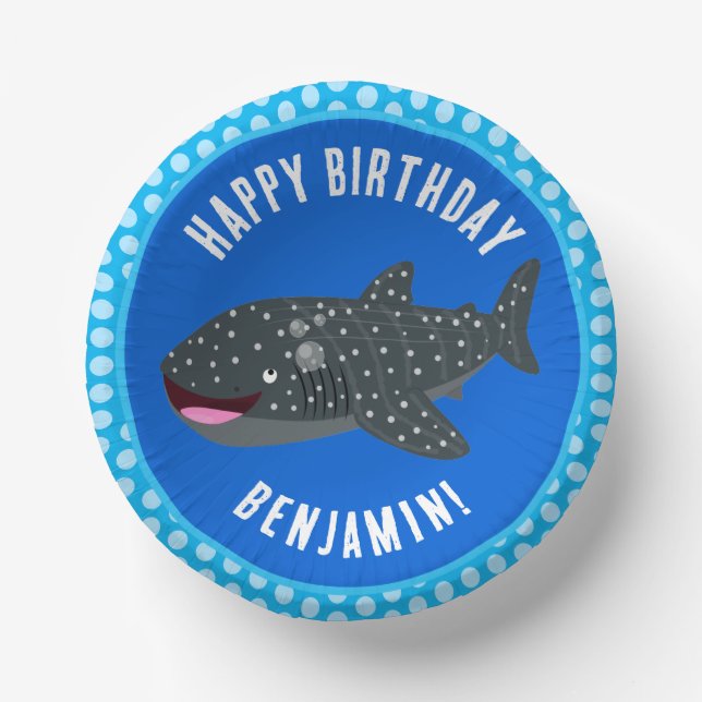 Personalised whale shark happy birthday cartoon paper plate (Front)