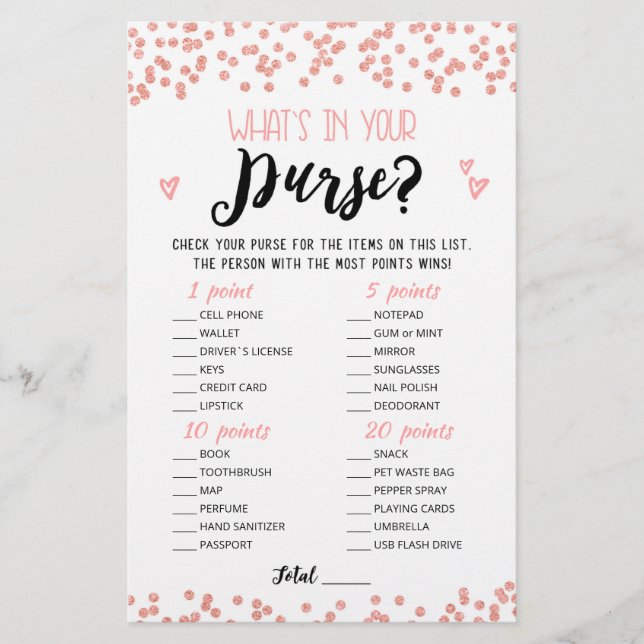 Personalised What's in your purse Hen Party game (Front)