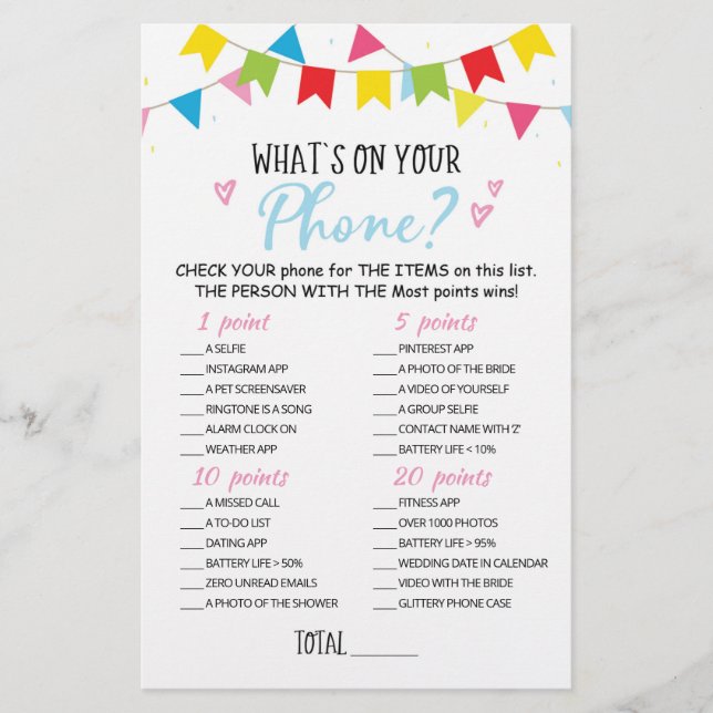 Personalised What's on your phone Baby Shower Game (Front)