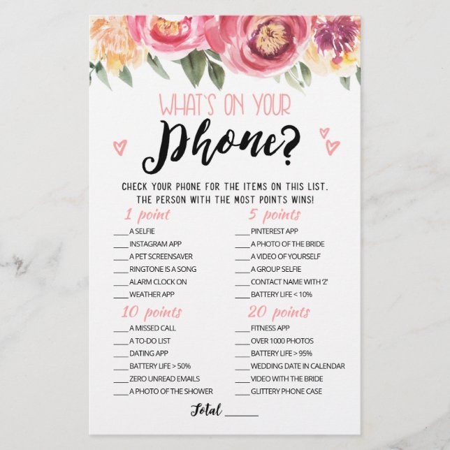 Personalised What's on your phone Hen Party game (Front)