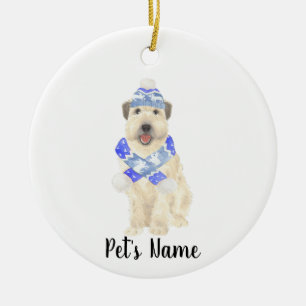 Personalised Wheaten Terrier Christmas Blue Scarf  Ceramic Tree Decoration