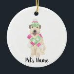Personalised Wheaten Terrier Christmas Pink Scarf  Ceramic Tree Decoration<br><div class="desc">I am in love with this beautifully detailed watercolor illustration of a smiling wheaten terrier with little pink and green ski hat and scarf outfit! Personalise these ornaments and make the nice list this year! For the perfect presents, pair it with a matching item from the collection for a thoughtful...</div>