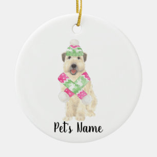 Personalised Wheaten Terrier Christmas Pink Scarf  Ceramic Tree Decoration