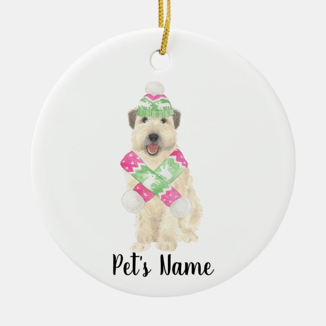 Personalised Wheaten Terrier Christmas Pink Scarf  Ceramic Tree Decoration (Front)