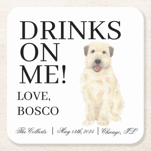 Personalised Wheaten Terrier Wedding Square Paper Coaster (Front)