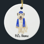 Personalised Wheaten Terrier Yarmulke and Scarf  Ceramic Tree Decoration<br><div class="desc">I am in love with this beautifully detailed watercolor illustration of a smiling wheaten terrier with little blue and white yarmulke and scarf outfit! Personalise these ornaments and make the nice list this year! For the perfect presents, pair it with a matching item from the collection for a thoughtful housewarming,...</div>