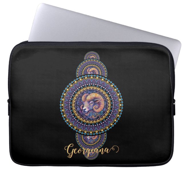 Personalised Whimsical Aries Ornamental Mandala Laptop Sleeve (Front)