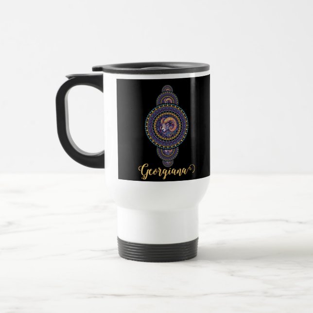 Personalised Whimsical Aries Ornamental Mandala Travel Mug (Left)