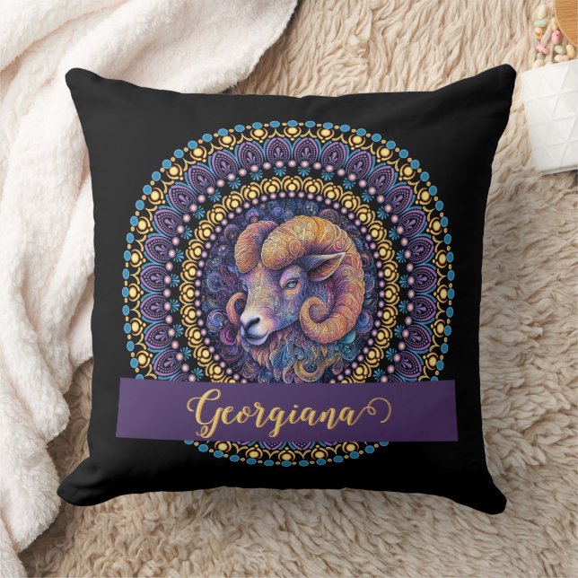 Personalised Whimsical Aries Zodiac Dot Mandala Cushion (Blanket)