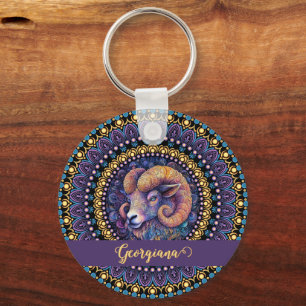Personalised Whimsical Aries Zodiac Dot Mandala Key Ring