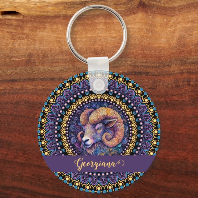 Personalised Whimsical Aries Zodiac Dot Mandala Key Ring (Front)