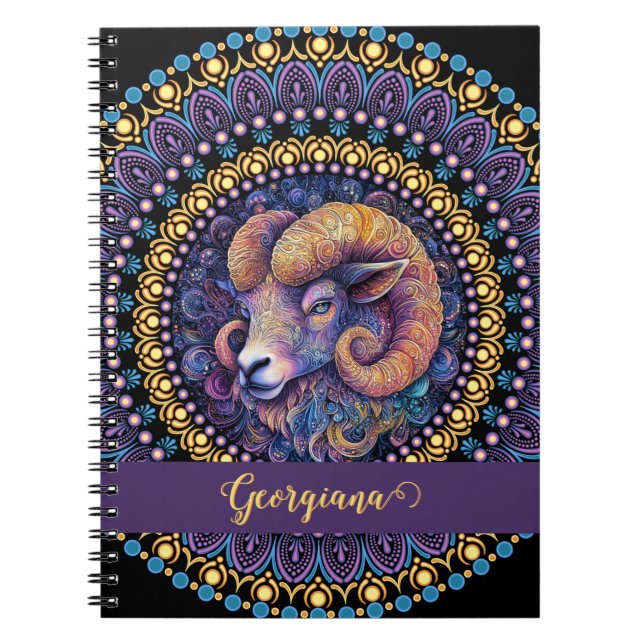 Personalised Whimsical Aries Zodiac Dot Mandala Notebook (Front)