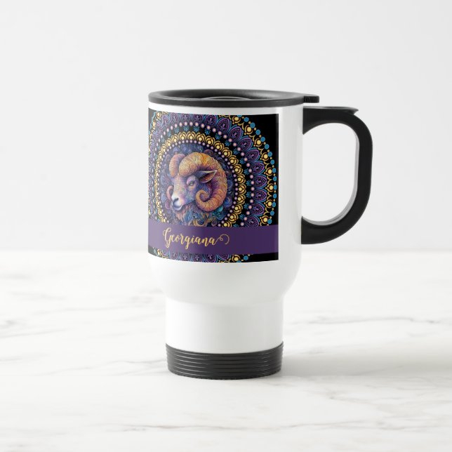 Personalised Whimsical Aries Zodiac Dot Mandala Travel Mug (Right)
