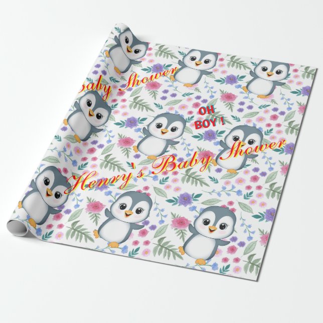 Personalised Whimsical Blu Penguin Wrapping paper (Unrolled)
