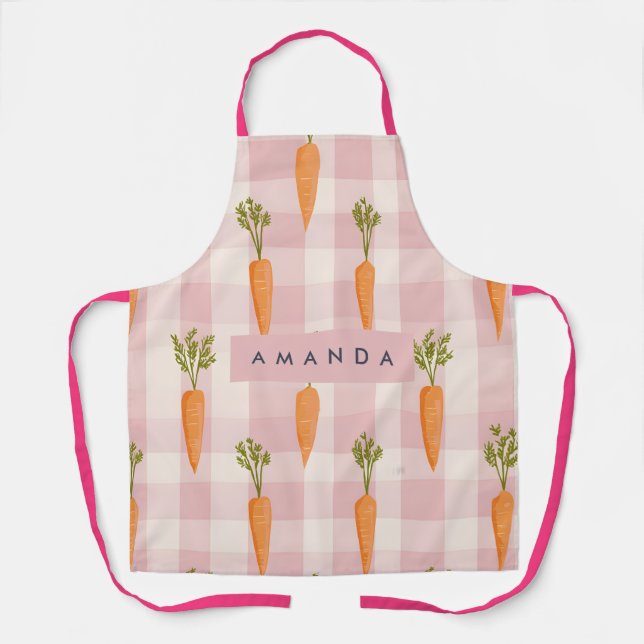 Personalised Whimsical Carrot and Pink Gingham Apron (Front)