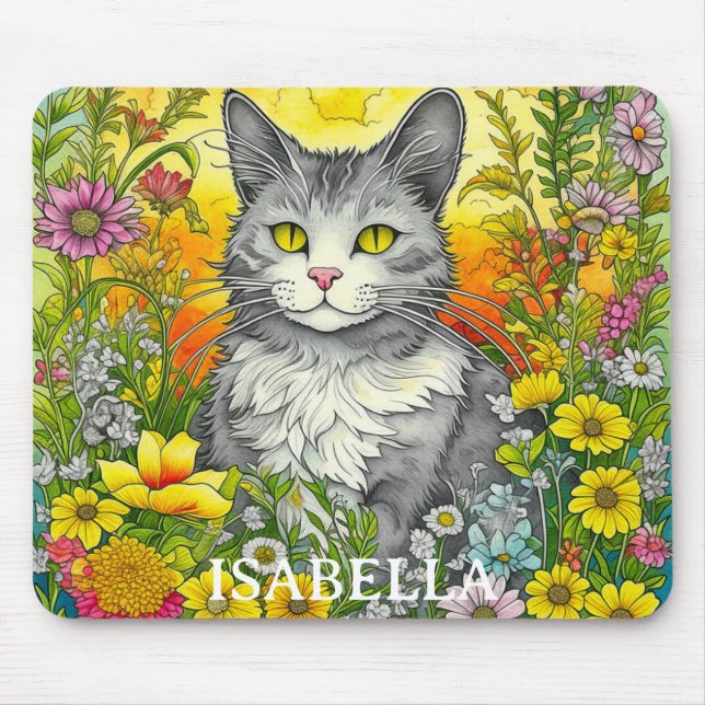 Personalised Whimsical Cat and Flowers Mouse Mat (Front)