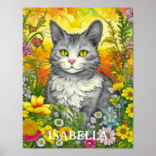 Personalised Whimsical Cat and Flowers Poster