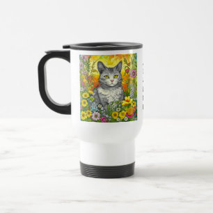 Personalised Whimsical Cat and Flowers Travel Mug