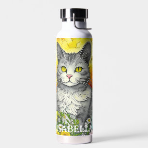 Personalised Whimsical Cat and Flowers Water Bottle