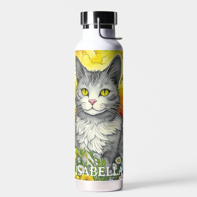 Personalised Whimsical Cat and Flowers Water Bottle (Left)