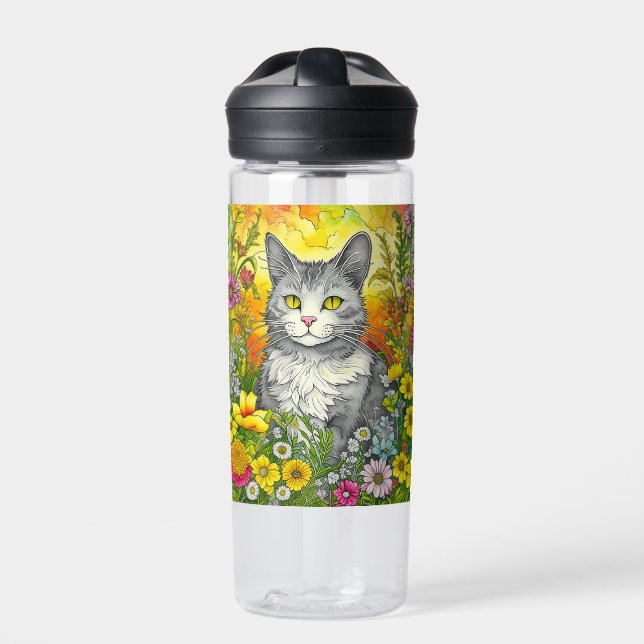 Personalised Whimsical Cat and Flowers Water Bottle (Front)