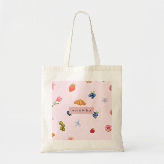 Personalised Whimsical Croissant & Berry Pattern Tote Bag (Front)