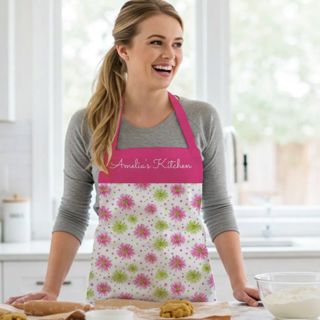 Personalised Whimsical Floral Pink Green Apron (Creator Uploaded)