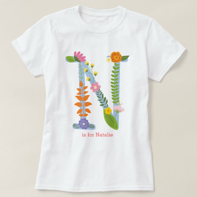 Personalised Whimsical Flower Monogram (N) T-Shirt (Design Front)