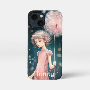 Personalised Whimsical Girl in Pink & Dandelion  iPhone 13 Mini Case