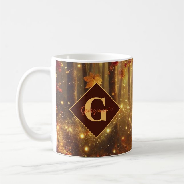 Personalised Whimsical Golden Autumnal Woodland Coffee Mug (Left)