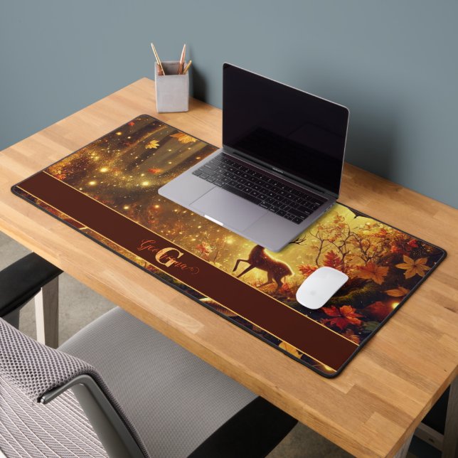 Personalised Whimsical Golden Autumnal Woodland Desk Mat (Office 2)