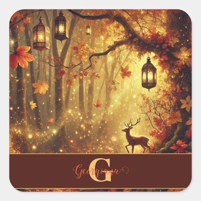 Personalised Whimsical Golden Autumnal Woodland Square Sticker (Front)