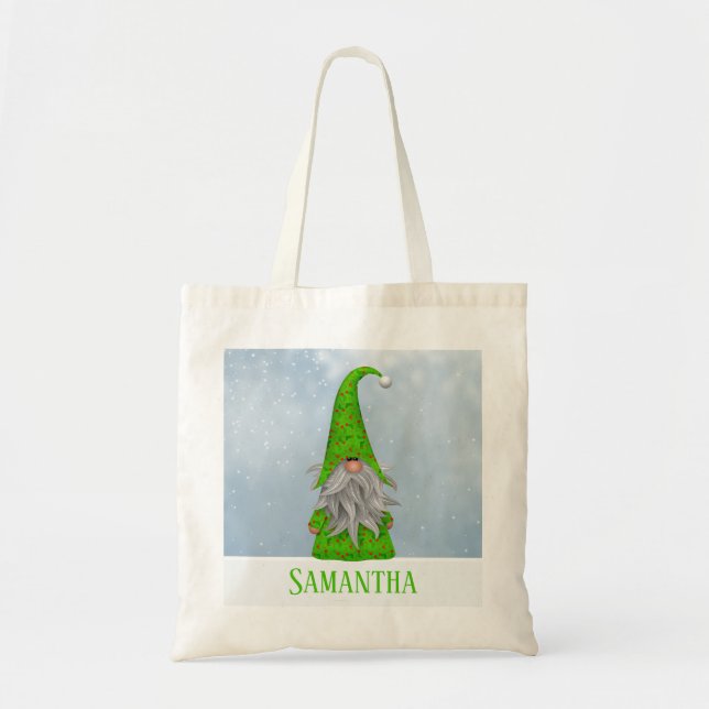 Personalised Whimsical Green Holiday Gnome Tote Bag (Front)