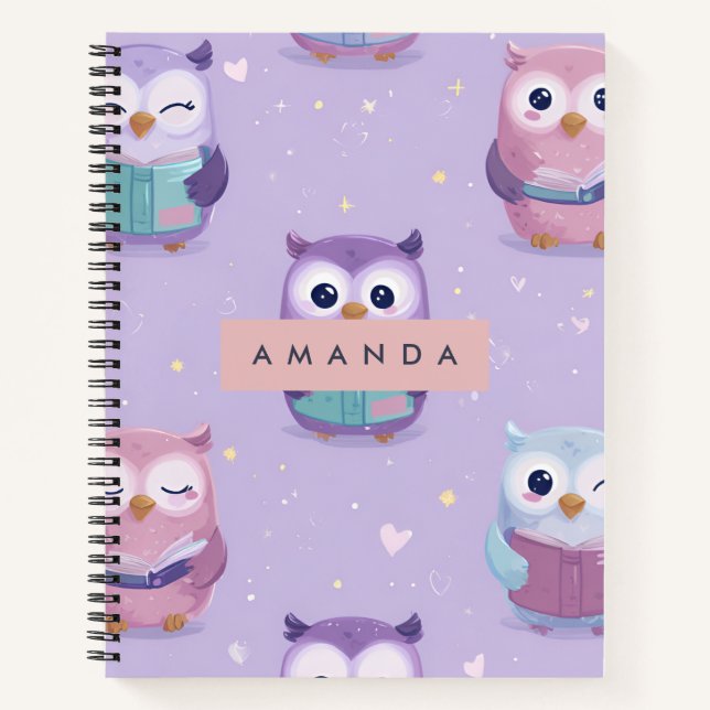 Personalised Whimsical Pastel Owls Pattern Notebook (Front)