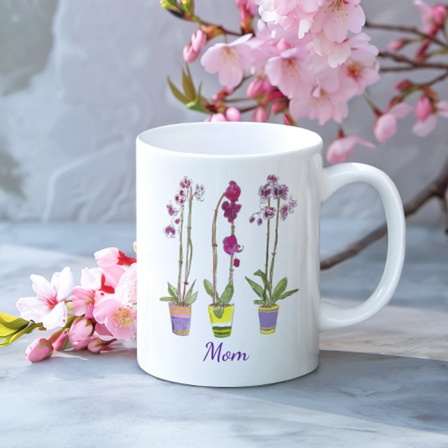 Personalised Whimsical Potted Purple Orchids  Coffee Mug (This white mug features three whimsical orchids, and personalization beneath in chic purple script.)
