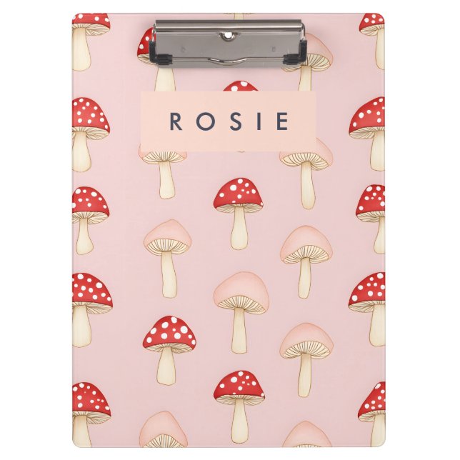 Personalised Whimsical Red Pink Mushroom Pattern Clipboard (Front)