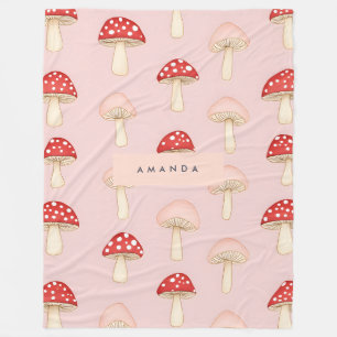 Personalised Whimsical Red Pink Mushroom Pattern Fleece Blanket