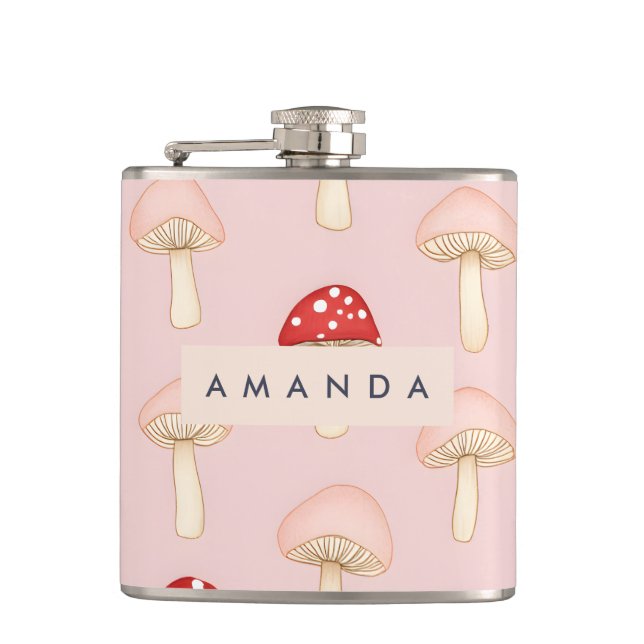 Personalised Whimsical Red Pink Mushroom Pattern Hip Flask (Front)