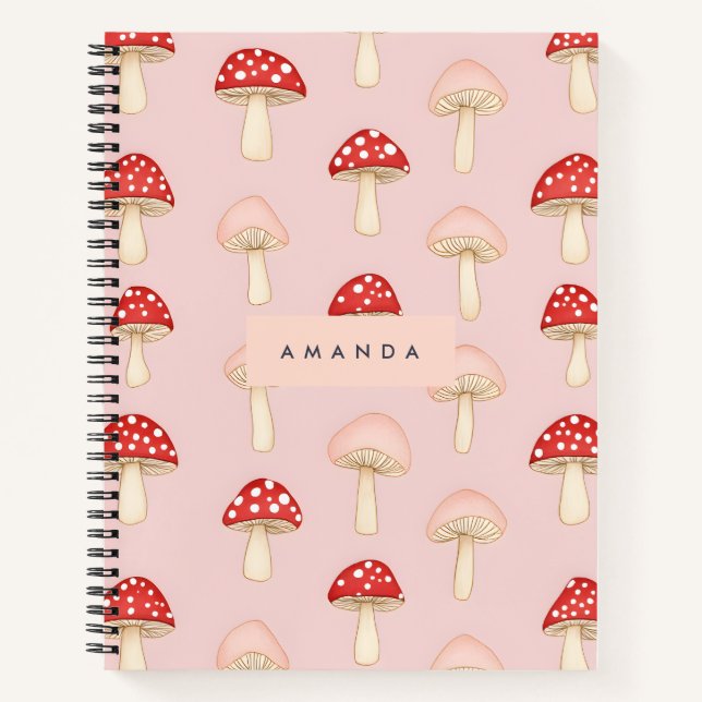 Personalised Whimsical Red Pink Mushroom Pattern Notebook (Front)