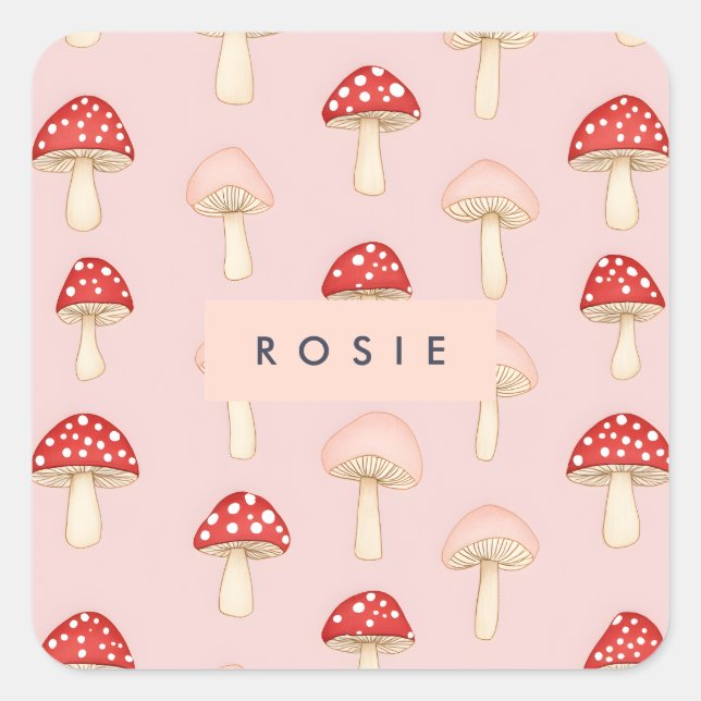 Personalised Whimsical Red Pink Mushroom Pattern Square Sticker (Front)