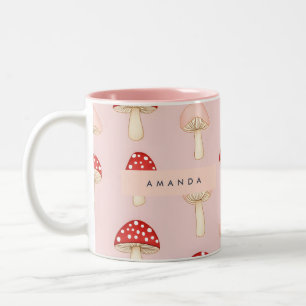 Personalised Whimsical Red Pink Mushroom Pattern Two-Tone Coffee Mug